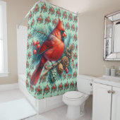 Kardinaal op dennentak met winterbessen douchegordijn (In situ)