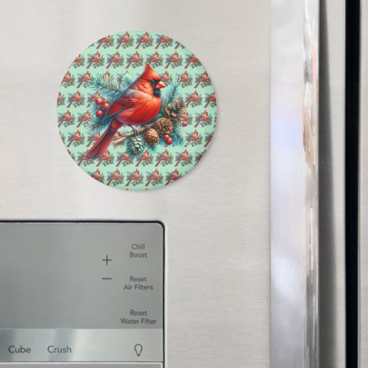 Kardinaal op dennentak met winterbessen magneet (Insitu (Koelkast))