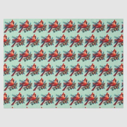 Kardinaal op dennentak met winterbessen tissuepapier (Voorkant)