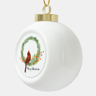 Kardinaal op een schitterende sneeuwvlok met omhul keramische bal ornament