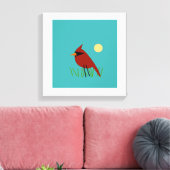 Kardinaal op gras met Aqua Blue Green Canvas Afdruk (Insitu (Woonkamer))