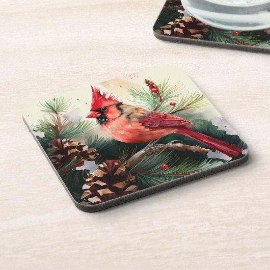 Kardinaal Perched in Evergreen Tree met Pinecones Bier Onderzetter (Linkerzijde)