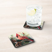 Kardinaal Perched in Evergreen Tree met Pinecones Bier Onderzetter (Rechterzijde)