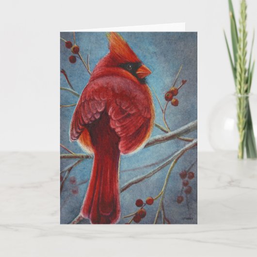 Kardinaal Rood Vogels Besjes Aquarel Kunst Kaart (Voorkant)
