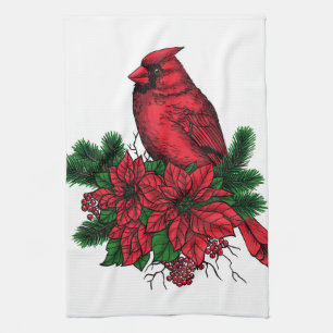 Kardinaal vogel, kersttekening theedoek