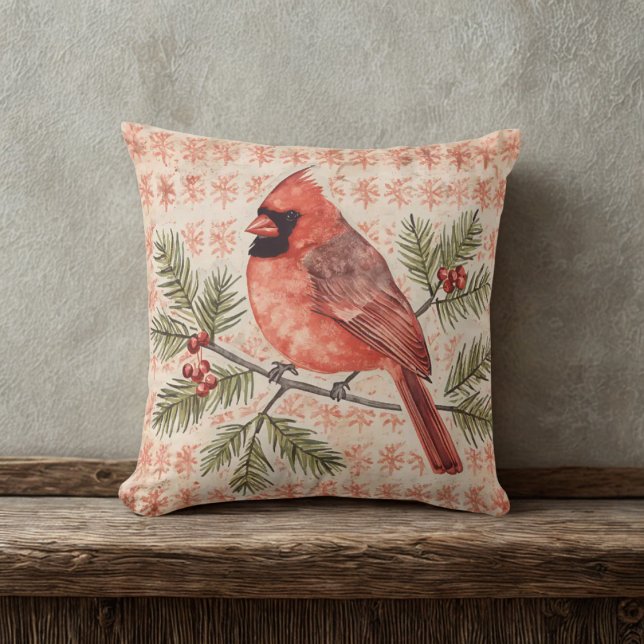  Kardinaal Vogel met Pine Branch Kussen (Red pattern cardinal throw pillow)