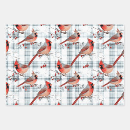 Kardinaal Vogels Winter Kerstmis Tartan Plaid 3 Inpakpapier Vel