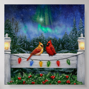 Kardinale vogels en kerstlichten poster