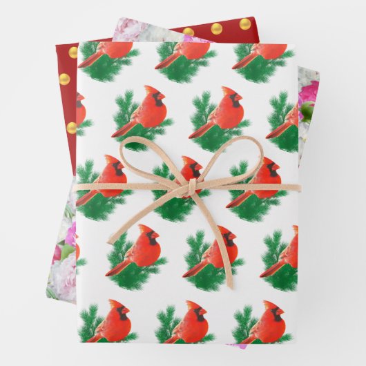 Kardinale vogels, Peony Flowers & Golden Confetti Inpakpapier Vel (In situ)