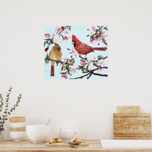 Kardinalen en appelbloesems poster (Keuken)