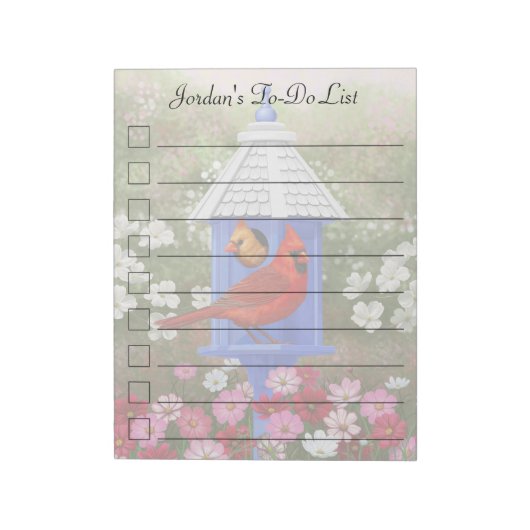 Kardinalen en Blauwe Birdhouse Notitieblok (Gedraaid)