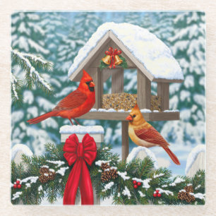 Kardinalen en feeder van kerstvogels glazen onderzetter
