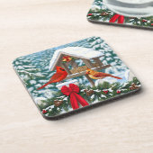 Kardinalen en feeder van kerstvogels onderzetter (Linkerzijde)