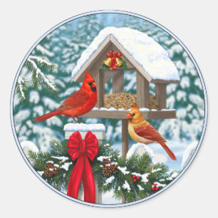 Kardinalen en feeder van kerstvogels ronde sticker