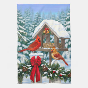 Kardinalen en feeder van kerstvogels theedoek