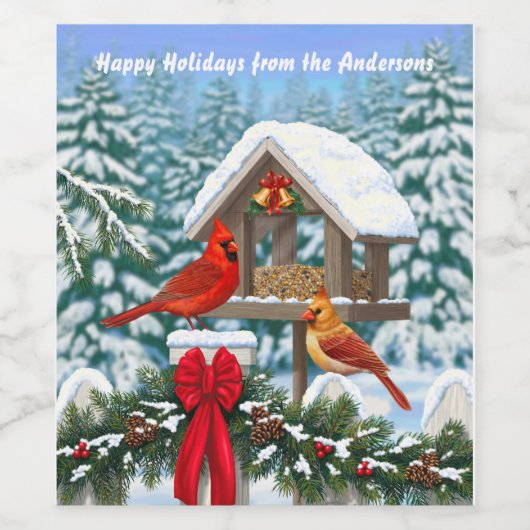 Kardinalen en feeder van kerstvogels wijn etiket (Enkel label)