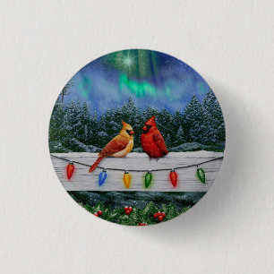 Kardinalen en Kerstverlichting Winter Sneeuw Ronde Button 3,2 Cm