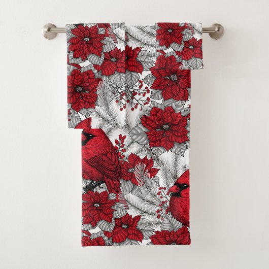 Kardinalen en poinsettia, rood en wit bad handdoek (Insitu)