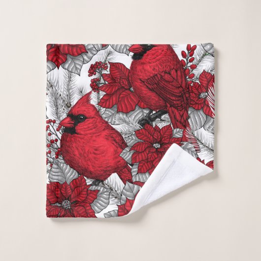 Kardinalen en poinsettia, rood en wit bad handdoek (Wasdoekje)