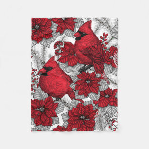 Kardinalen en poinsettia, rood en wit fleece deken