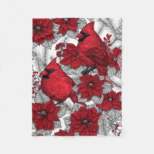 Kardinalen en poinsettia, rood en wit fleece deken (Voorkant)