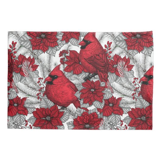 Kardinalen en poinsettia, rood en wit kussensloop (Achterkant-Links)