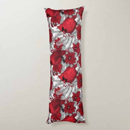 Kardinalen en poinsettia, rood en wit lichaamskussen (Achterkant (Verticaal))