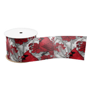 Kardinalen en poinsettia, rood en wit lint