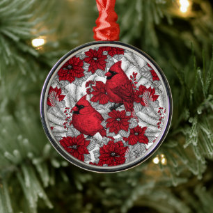 Kardinalen en poinsettia, rood en wit metalen ornament