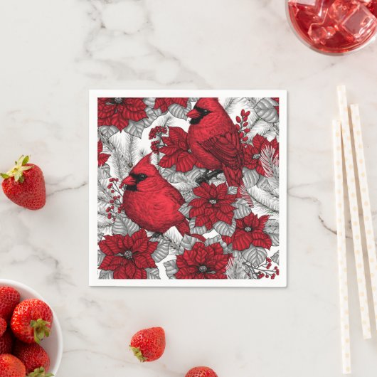 Kardinalen en poinsettia, rood en wit servet (Insitu)