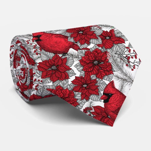 Kardinalen en poinsettia, rood en wit stropdas (Opgerold)