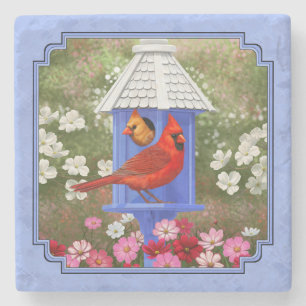 Kardinalen en rondhuis blauw stenen onderzetter