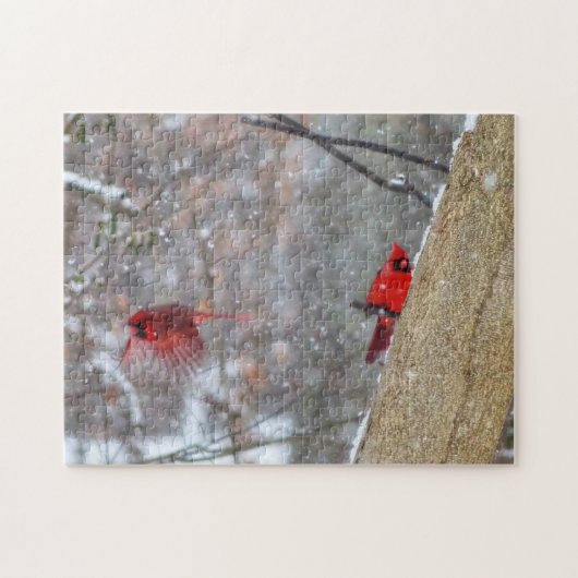 Kardinalen in de sneeuw legpuzzel (Horizontaal)