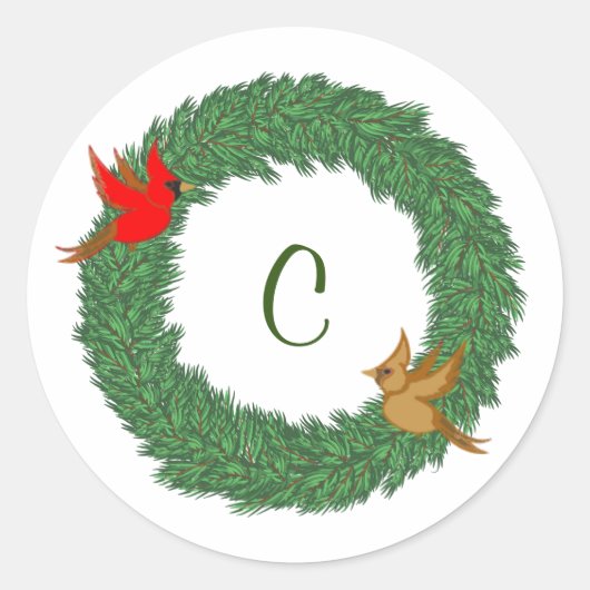 Kardinalen in Evergreen Krans met Monogram Ronde Sticker (Voorkant)