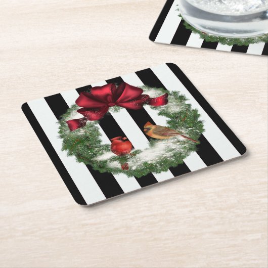 Kardinalen met kerstmis en Stripes Vierkante Kartonnen Onderzetter (Schuin)