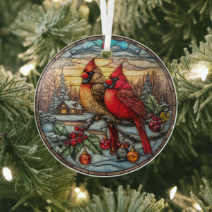 Kardinalen op besneeuwde tak met hulst glas ornament