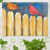 Kardinalen op het schilderen van de hek - Oorspron Theedoek (Gevouwen)