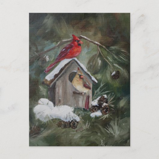 Kardinalen op Snowy Birdhouse Briefkaart (Voorkant)