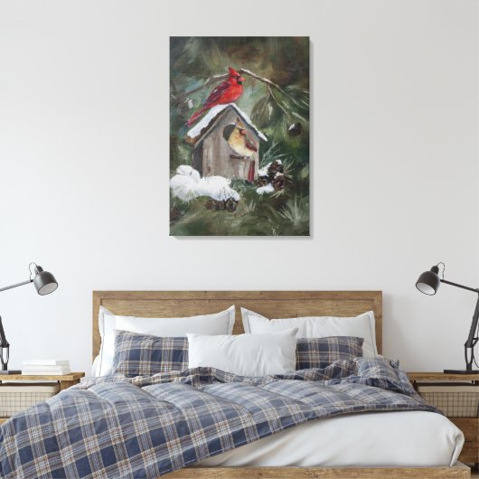 Kardinalen op Snowy Birdhouse Canvas Afdruk (Insitu (Slaapkamer))