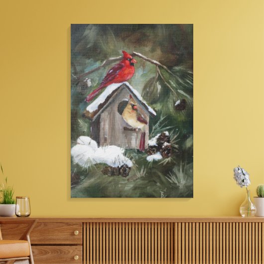 Kardinalen op Snowy Birdhouse Canvas Afdruk (Insitu (Woonkamer))