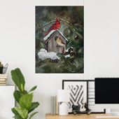 Kardinalen op Snowy Birdhouse Poster (Thuiskantoor)