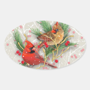 Kardinalen Paar Kerstmis Ovale Sticker