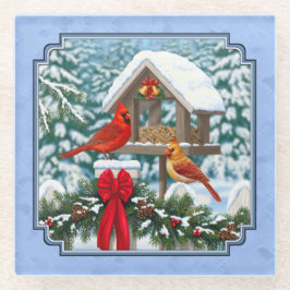 Kardinals kerstfeest blauw glazen onderzetter