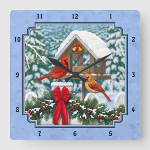 Kardinals kerstfeest blauw vierkante klok