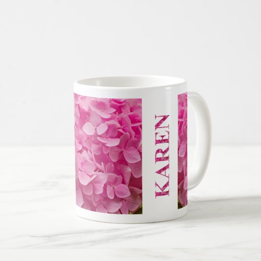 "Karen" in Pink Spring Hydrangea Letters & Flower Koffiemok (Voorkant rechts)