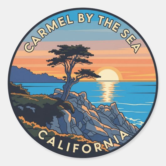 Karmel-bij-het-zee eenzame cipres ronde sticker (Voorkant)