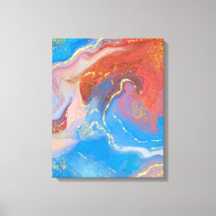Karmozijn, Blush, Blauwe en Gouden Marmer Alcohol  Canvas Afdruk