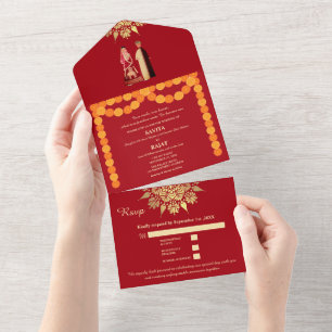 Karmozijnen Elegantie Modern Rood & Goud Indiase T All In One Uitnodiging