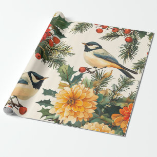 Karmozijnrode Dahlia Mees Kerst Crème Patroon Cadeaupapier