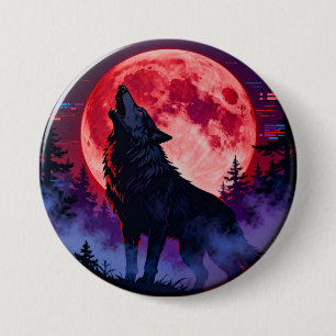 Karmozijnrood Gehuil: Cyberpunk Wolf Onder Bloedma Ronde Button 7,6 Cm